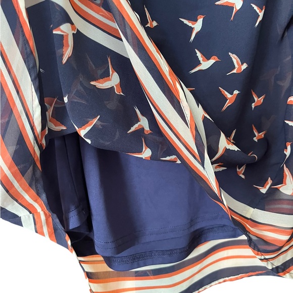 Black Rainn Navy Blue bird print tank blouse with sheer overlay and tie at neck - Picture 3 of 5